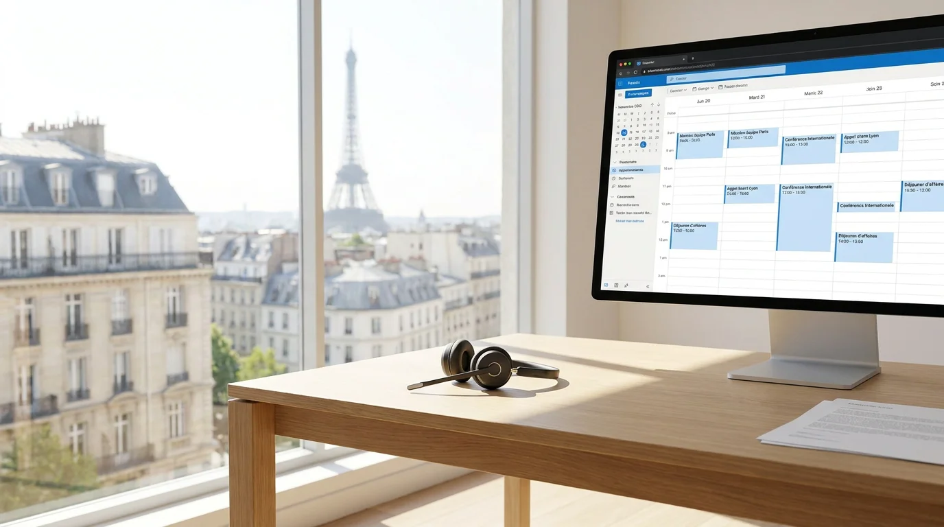 Bureau professionnel avec casque téléphonique symbolisant la permanence téléphonique bilingue en France