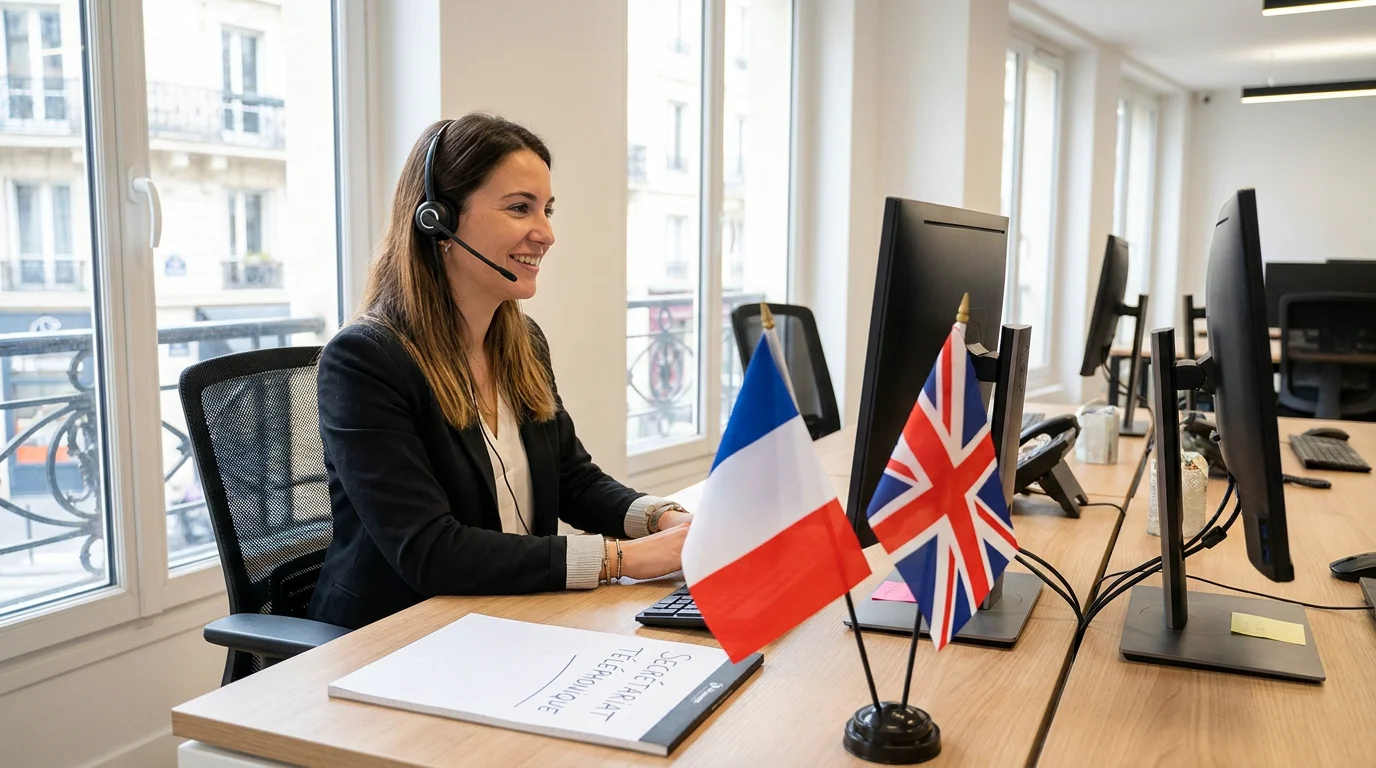 Télésecrétaire bilingue répondant aux appels dans un bureau professionnel en France