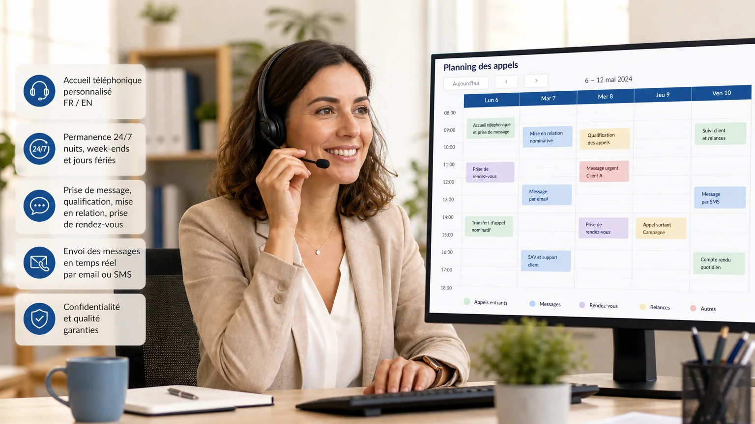 Professionnel gérant ses rendez-vous avec un casque téléphonique dans un bureau moderne