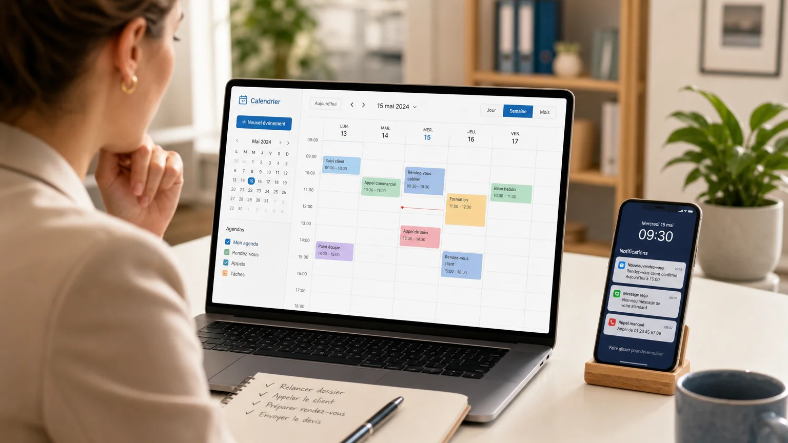 Professionnelle organisant un planning de rendez-vous sur un ordinateur portable