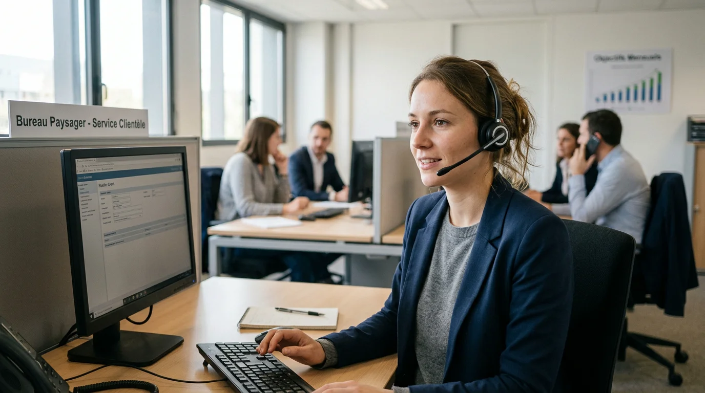 Agent d'une permanence téléphonique répondant à un appel dans un bureau lumineux