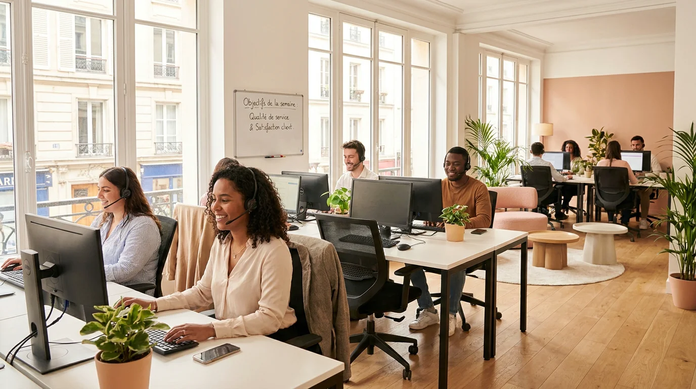 Équipe de standardistes professionnelles assurant l'accueil téléphonique en entreprise en France