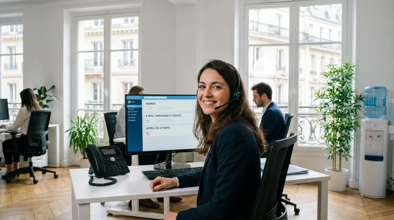 Standardiste professionnelle assurant l'accueil téléphonique dans un bureau en France