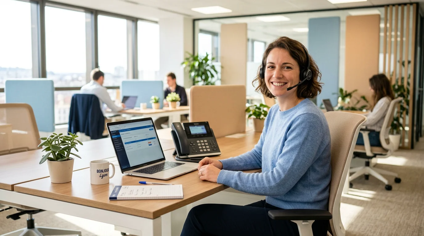Une télésecrétaire assure l'accueil téléphonique dans un bureau moderne