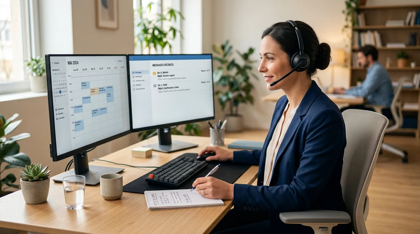 Une télésecrétaire gère les appels et l'agenda depuis un bureau moderne