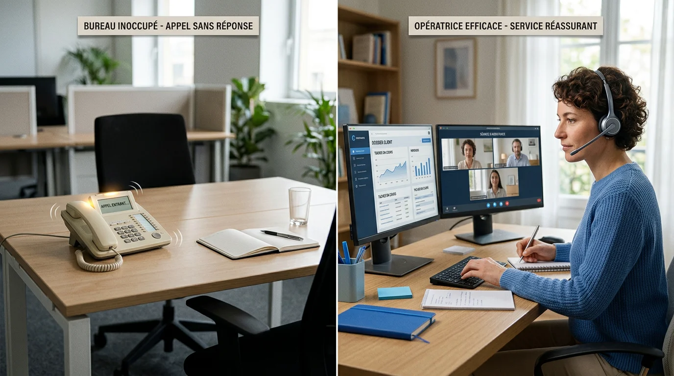 Comparaison entre un accueil téléphonique interne saturé et un secrétariat externalisé disponible