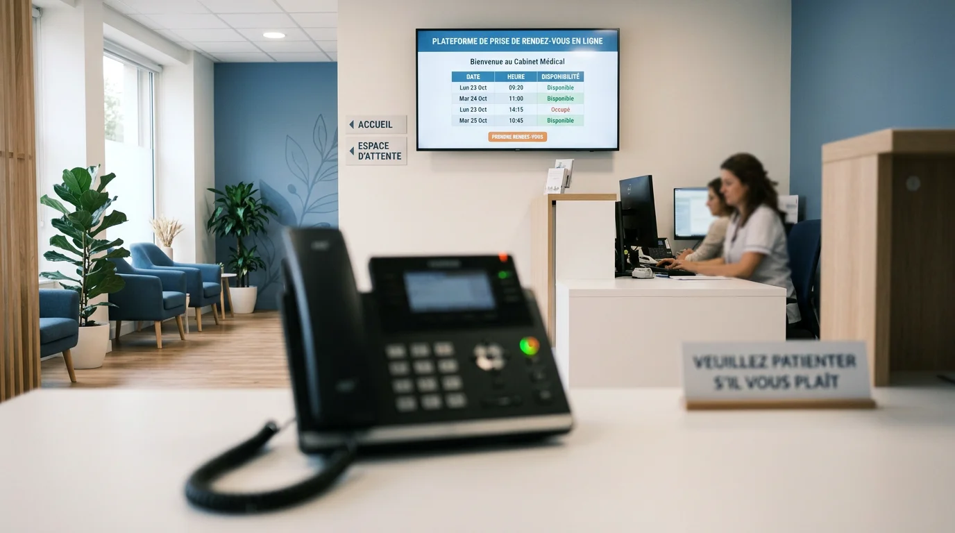 Accueil téléphonique d'un cabinet médical avec téléphone et agenda en ligne