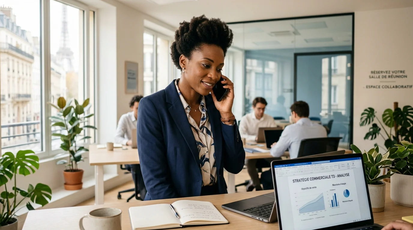 Professionnel en pleine prospection téléphonique dans un bureau moderne