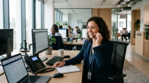 Conseillère assurant un support client externalisé au téléphone