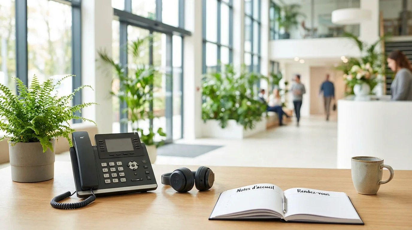 Bureau d'accueil professionnel avec téléphone et casque, symbolisant un accueil téléphonique de qualité en entreprise