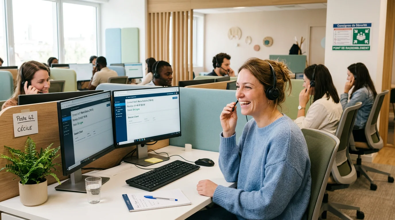 Téléconseillère assurant la permanence téléphonique d'une entreprise dans un bureau moderne