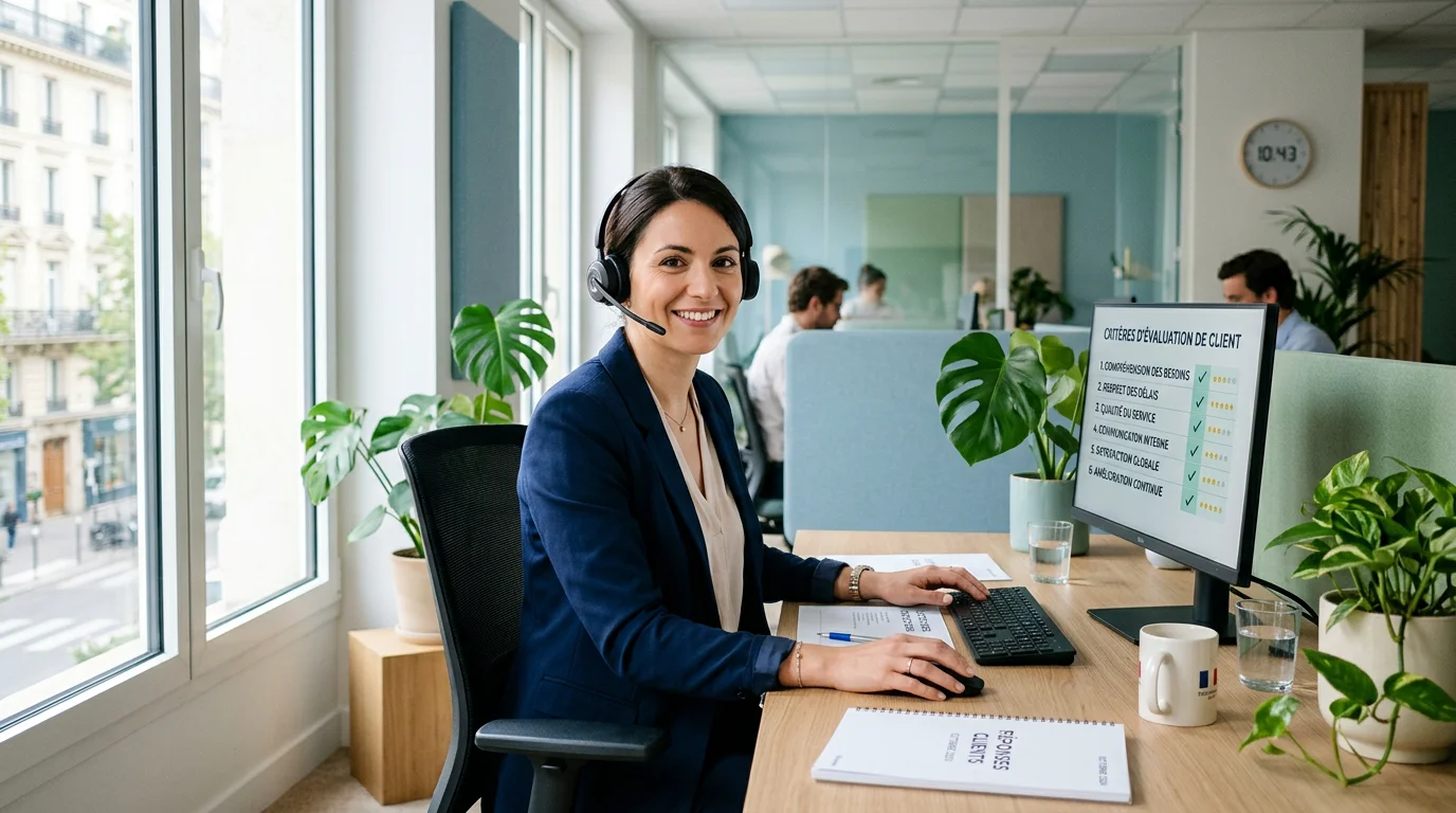 Conseillère en permanence téléphonique analysant des critères de choix dans un bureau