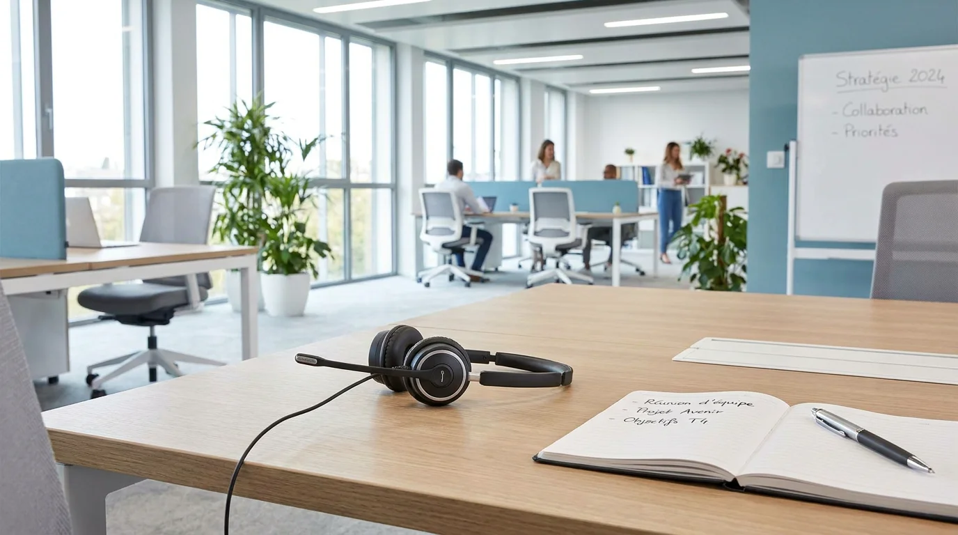 Casque téléphonique professionnel sur un bureau moderne symbolisant la permanence téléphonique externalisée
