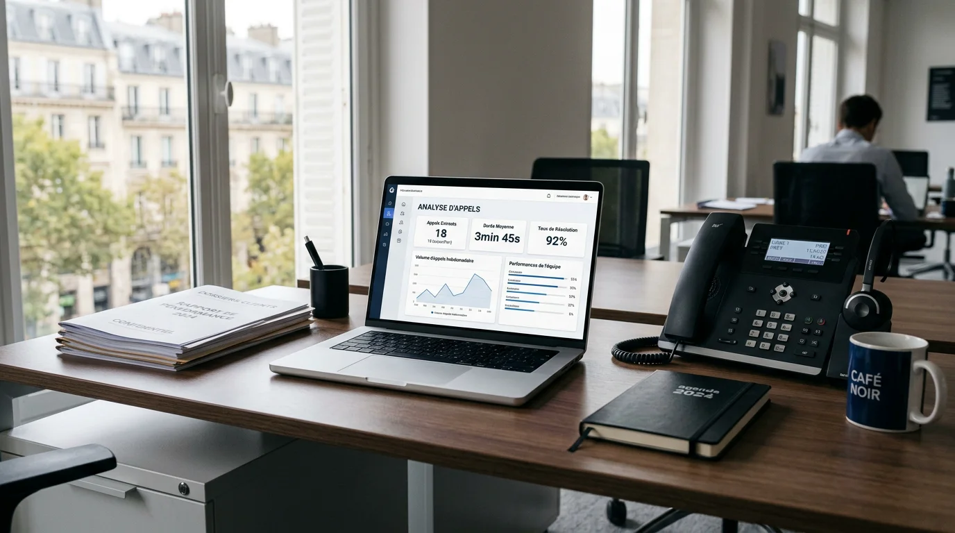 Poste de travail professionnel avec téléphone et tableau de bord d'appels
