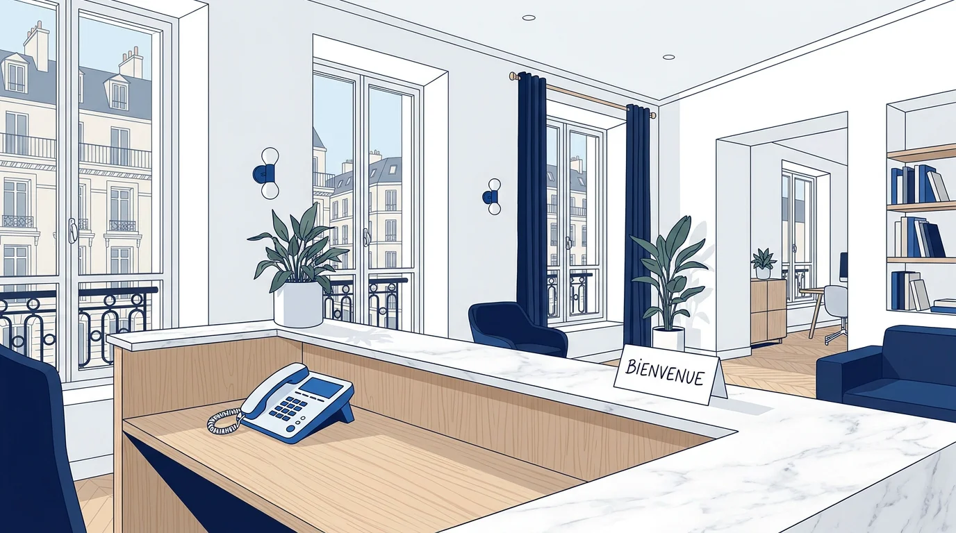 Standard téléphonique professionnel accueillant dans un bureau moderne en France