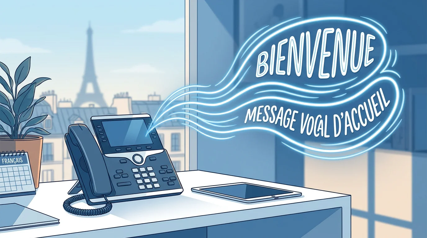Téléphone professionnel sur un bureau moderne symbolisant un message d'accueil téléphonique