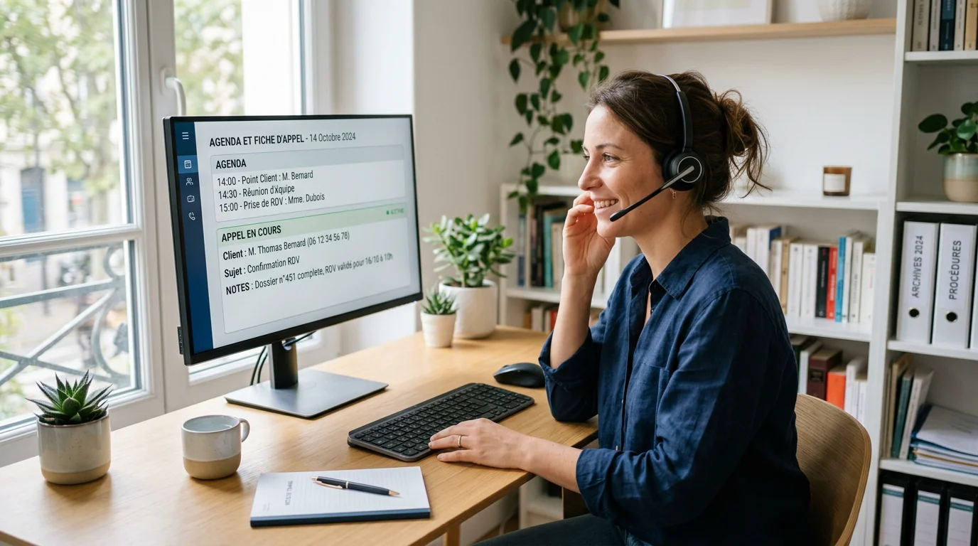 Opératrice de secrétariat à distance gérant des appels et un agenda