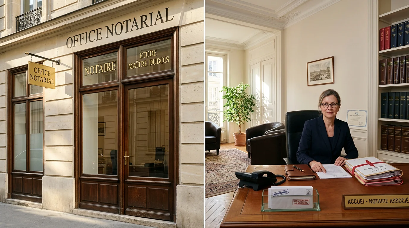 Accueil d'une étude notariale avec téléphone et documents juridiques