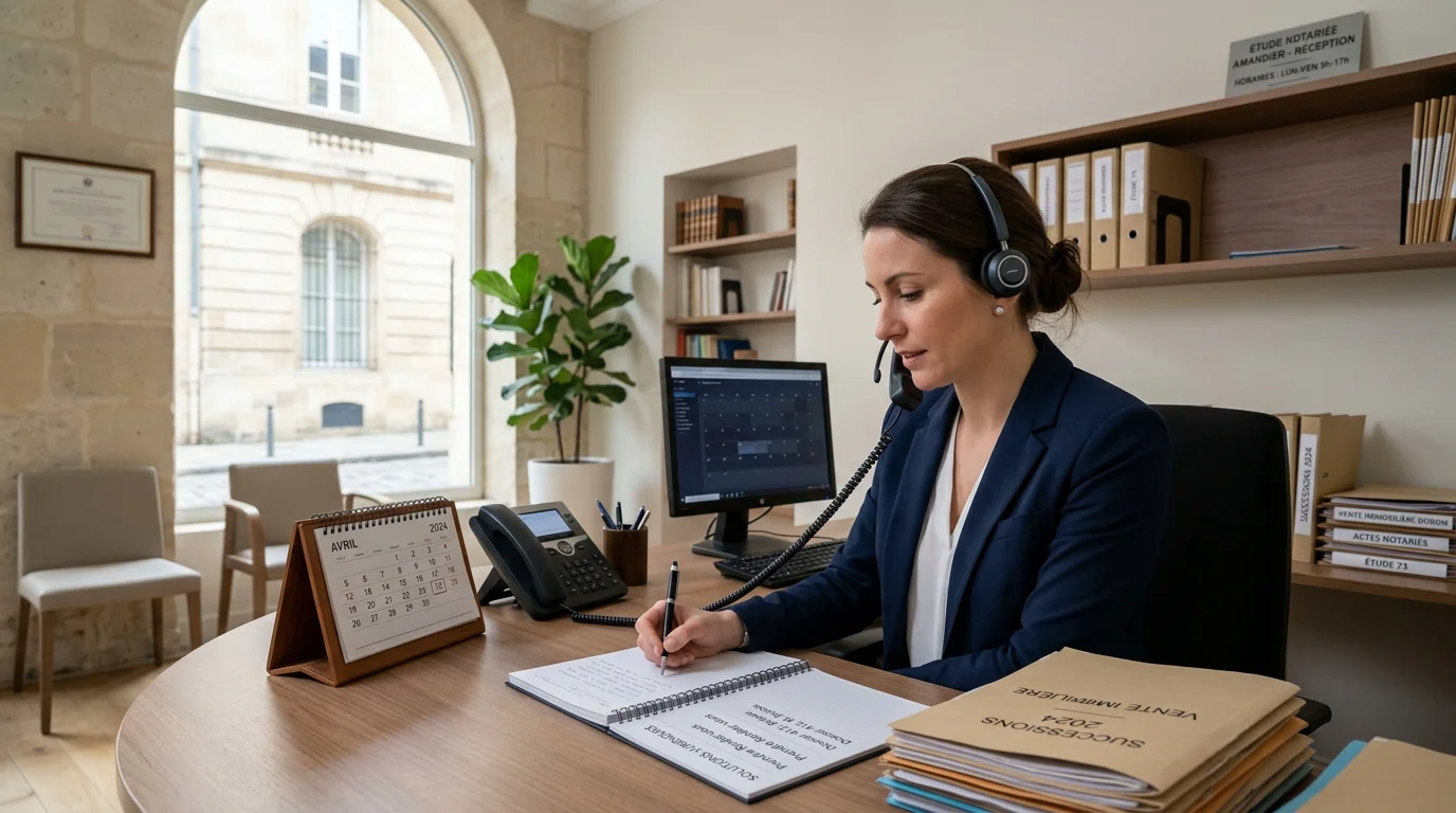 Bureau d'accueil d'une étude notariale avec téléphone et dossiers juridiques