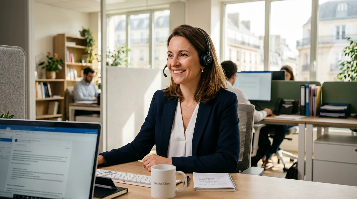 Conseiller professionnel au casque souriant en aidant un client au téléphone