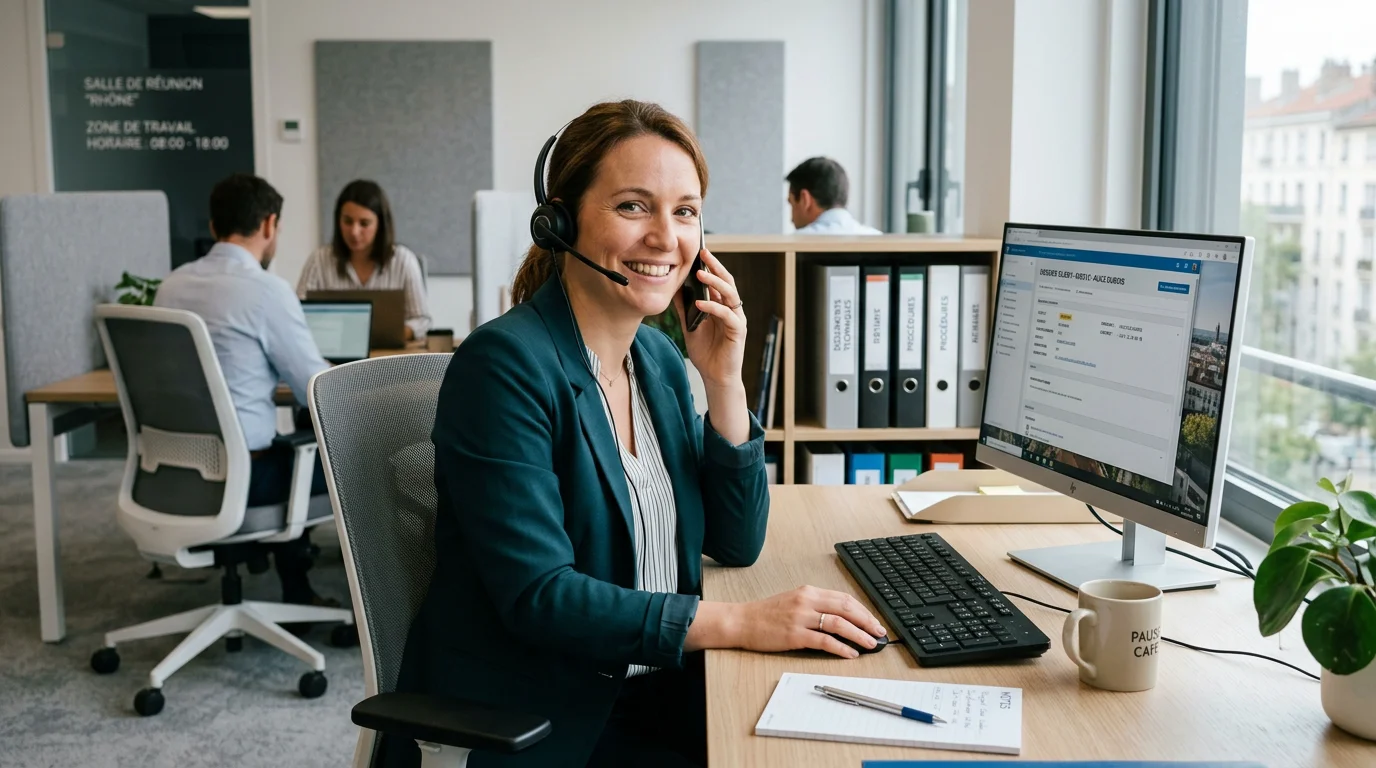 Conseillère souriante au téléphone dans un bureau lumineux