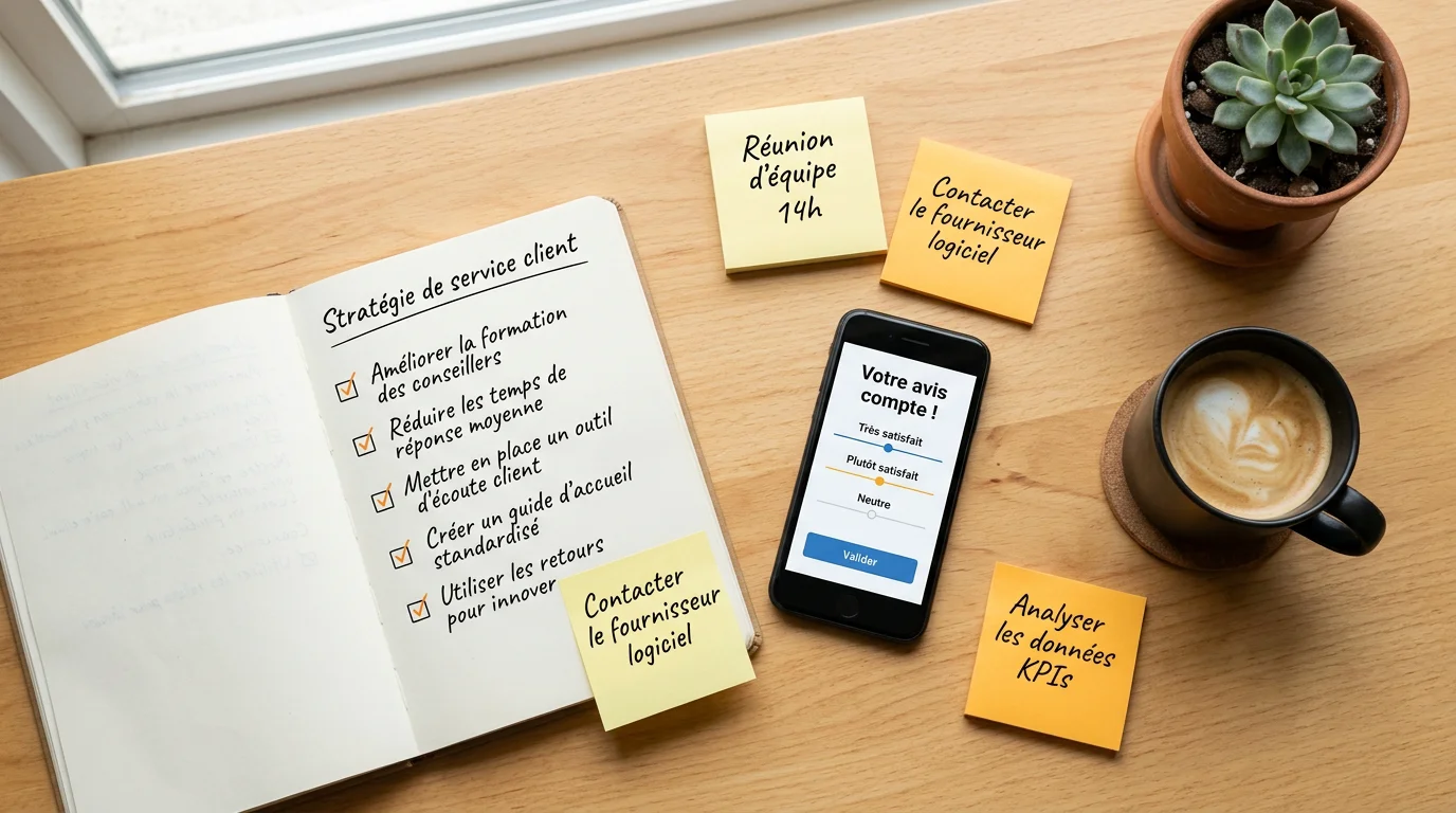 Bureau organisé avec checklist et enquête de satisfaction client