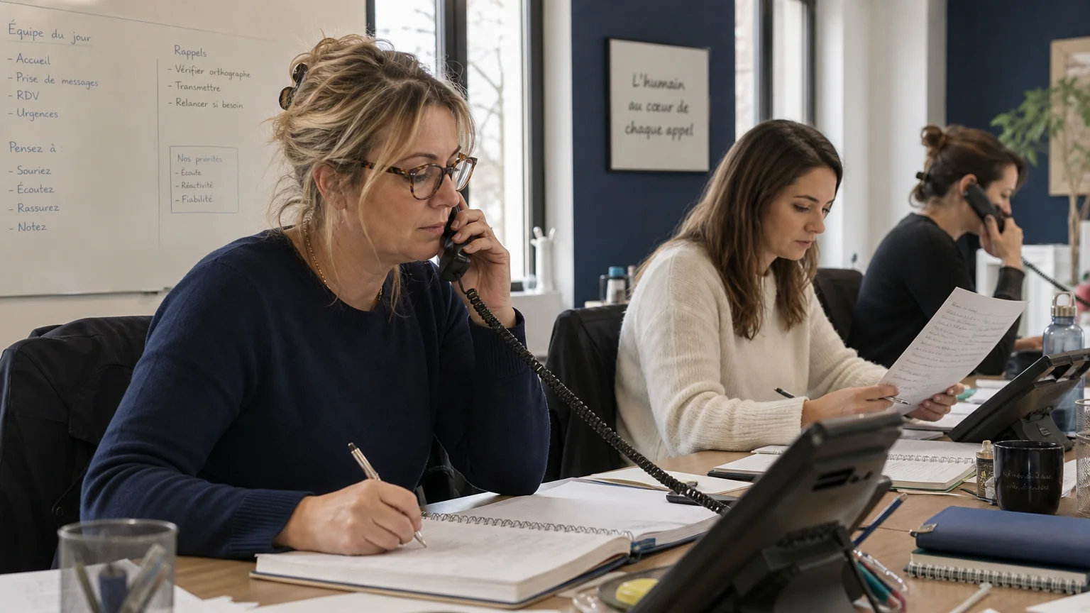 Équipe professionnelle gérant un afflux d’appels dans un bureau