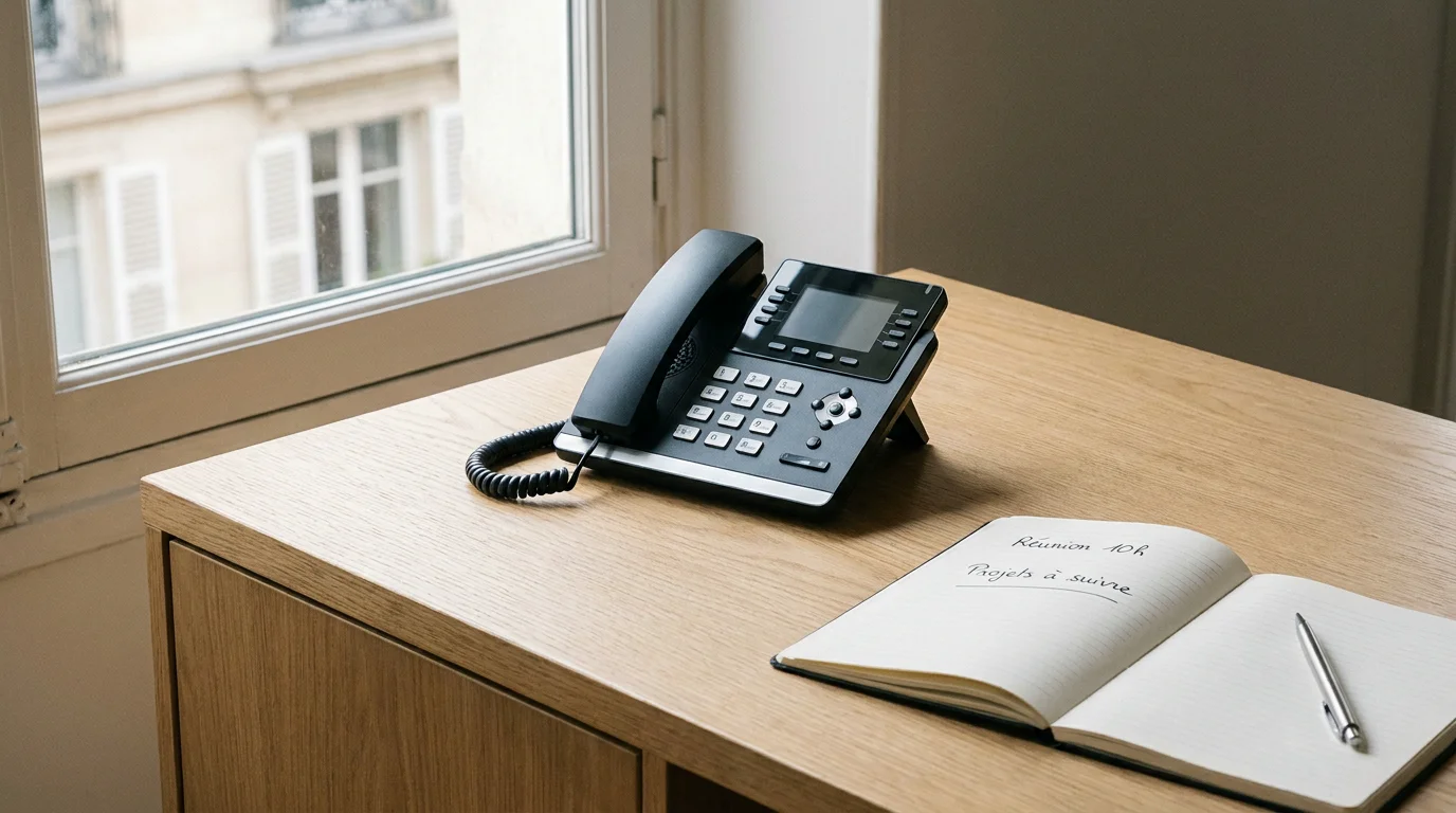 Téléphone professionnel sur un bureau ordonné symbolisant un accueil téléphonique structuré