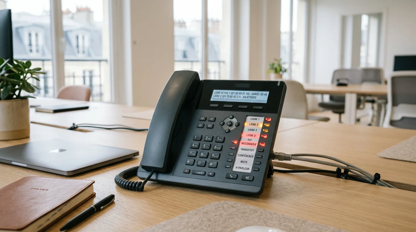 Téléphone professionnel avec indicateurs d'appels actifs illustrant un pic d'activité téléphonique