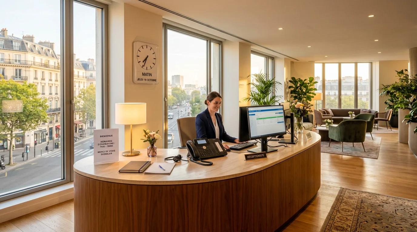 Bureau de réception professionnel avec standard téléphonique, horloge affichant 7h du matin, illustrant la réception d'appels en plage horaire élargie