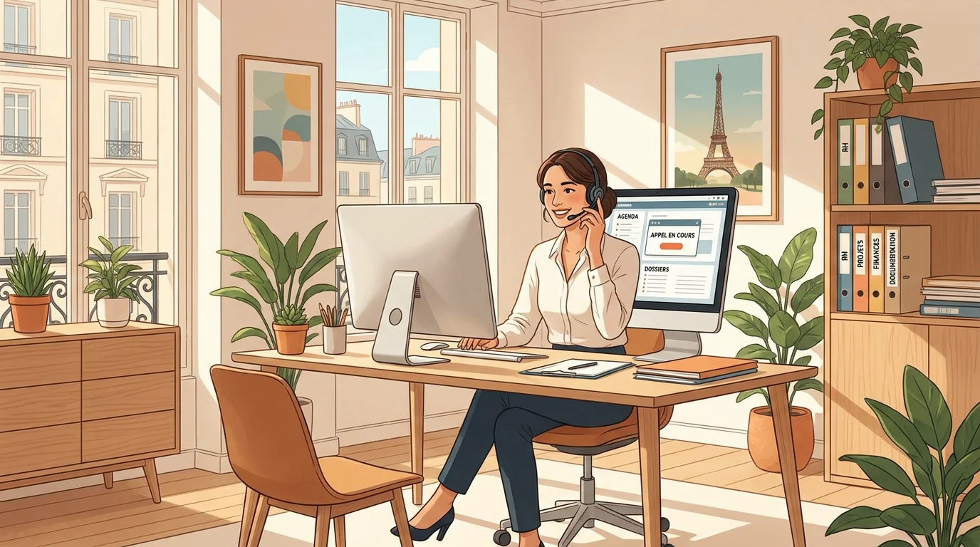 Secrétaire professionnelle assurant l'accueil téléphonique dans un bureau en France