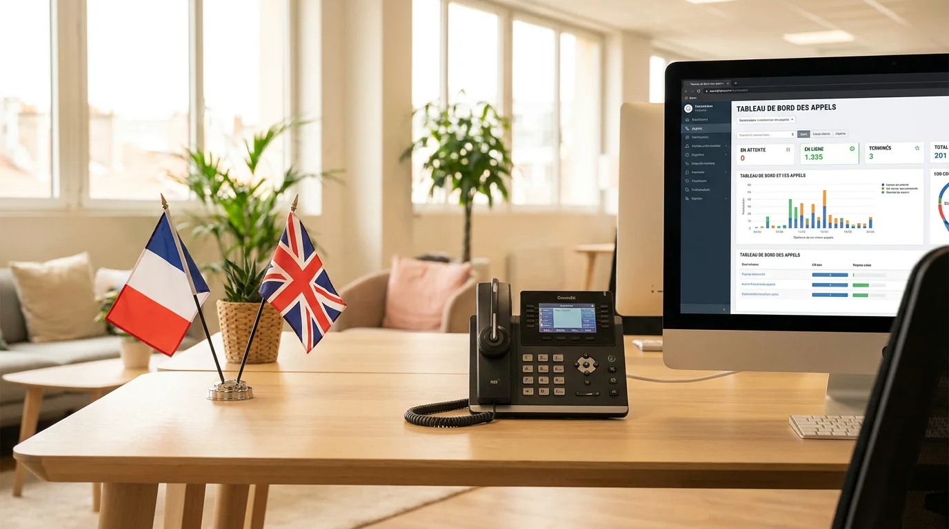 Bureau professionnel avec casque téléphonique et drapeaux français et britannique symbolisant un accueil bilingue