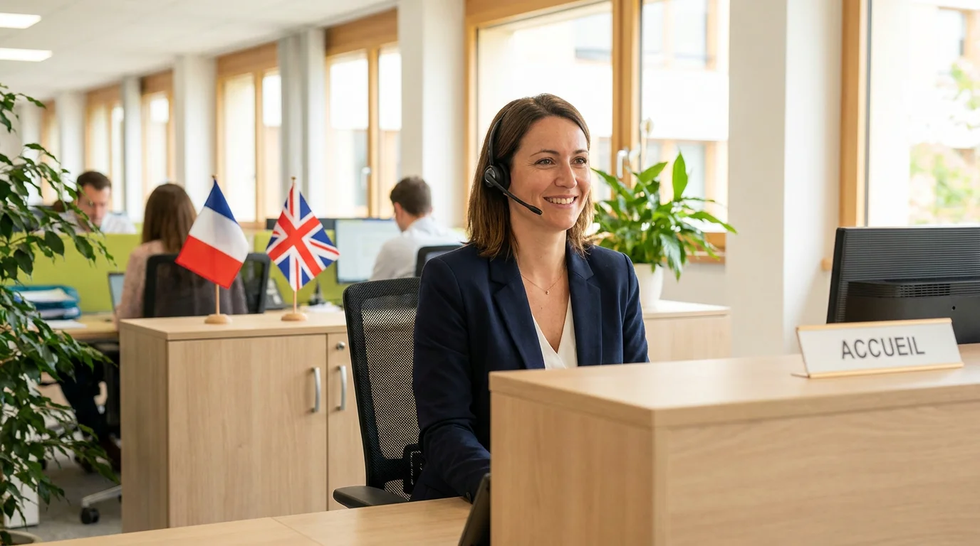 Standardiste bilingue au téléphone dans un bureau professionnel en France