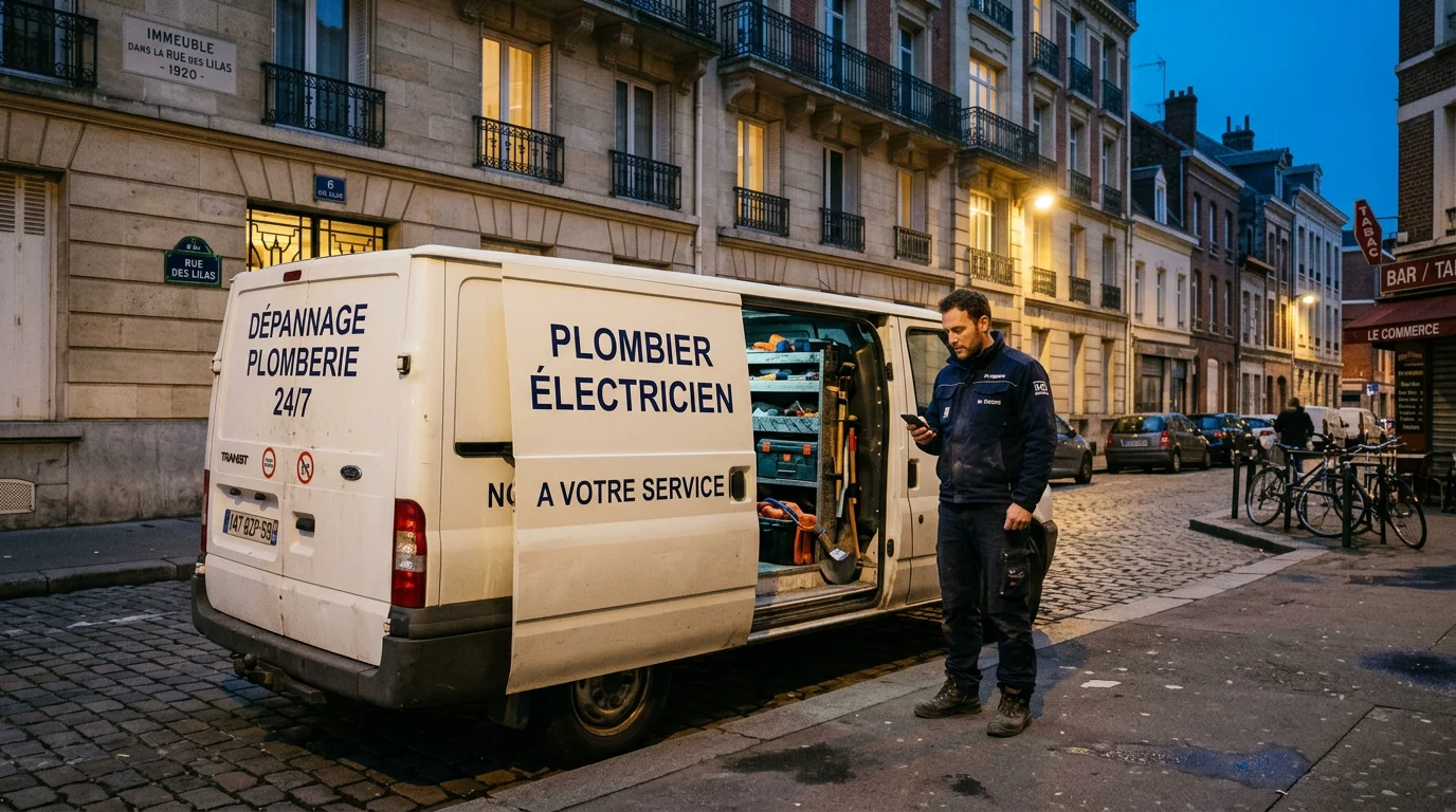 Un plombier consulte son téléphone devant son utilitaire dans une rue française au crépuscule