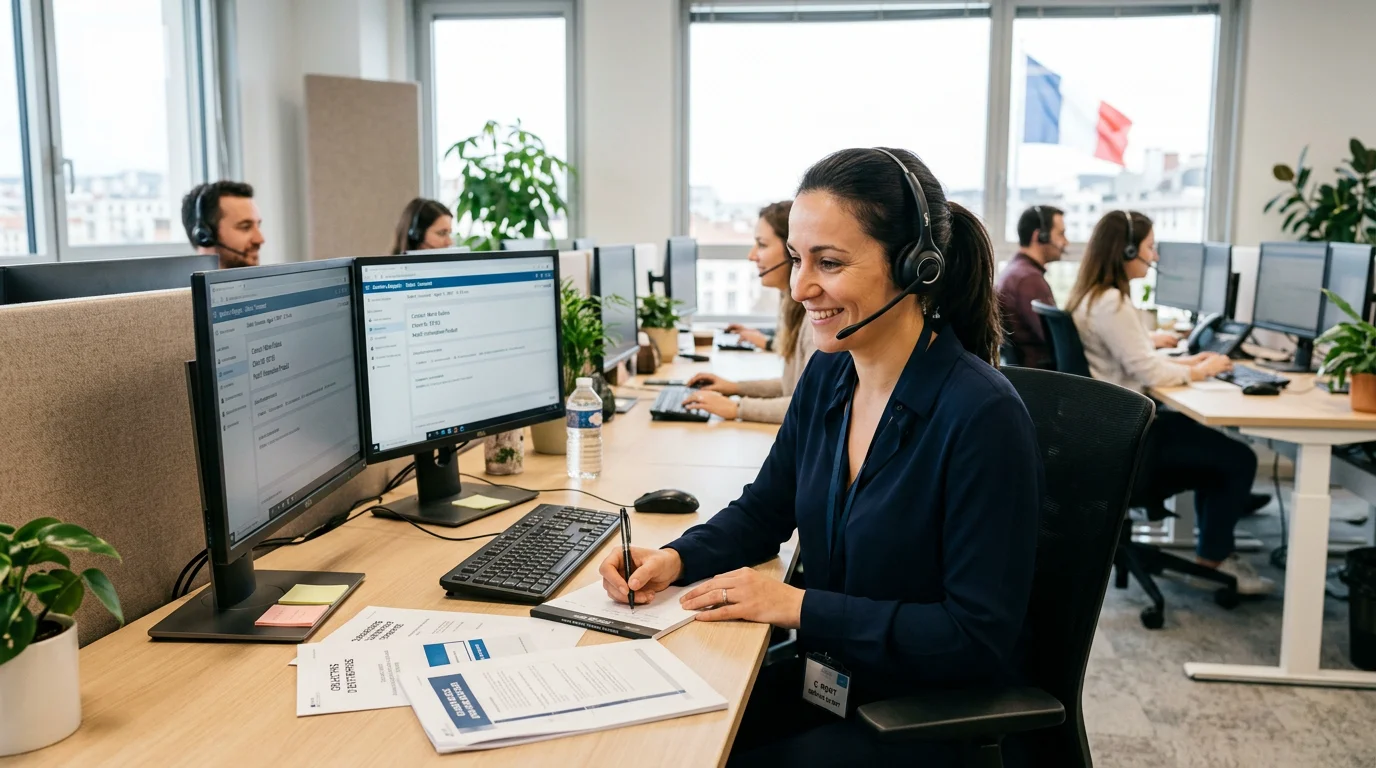 Une téléopératrice avec un casque prend un message dans un centre d'appels lumineux