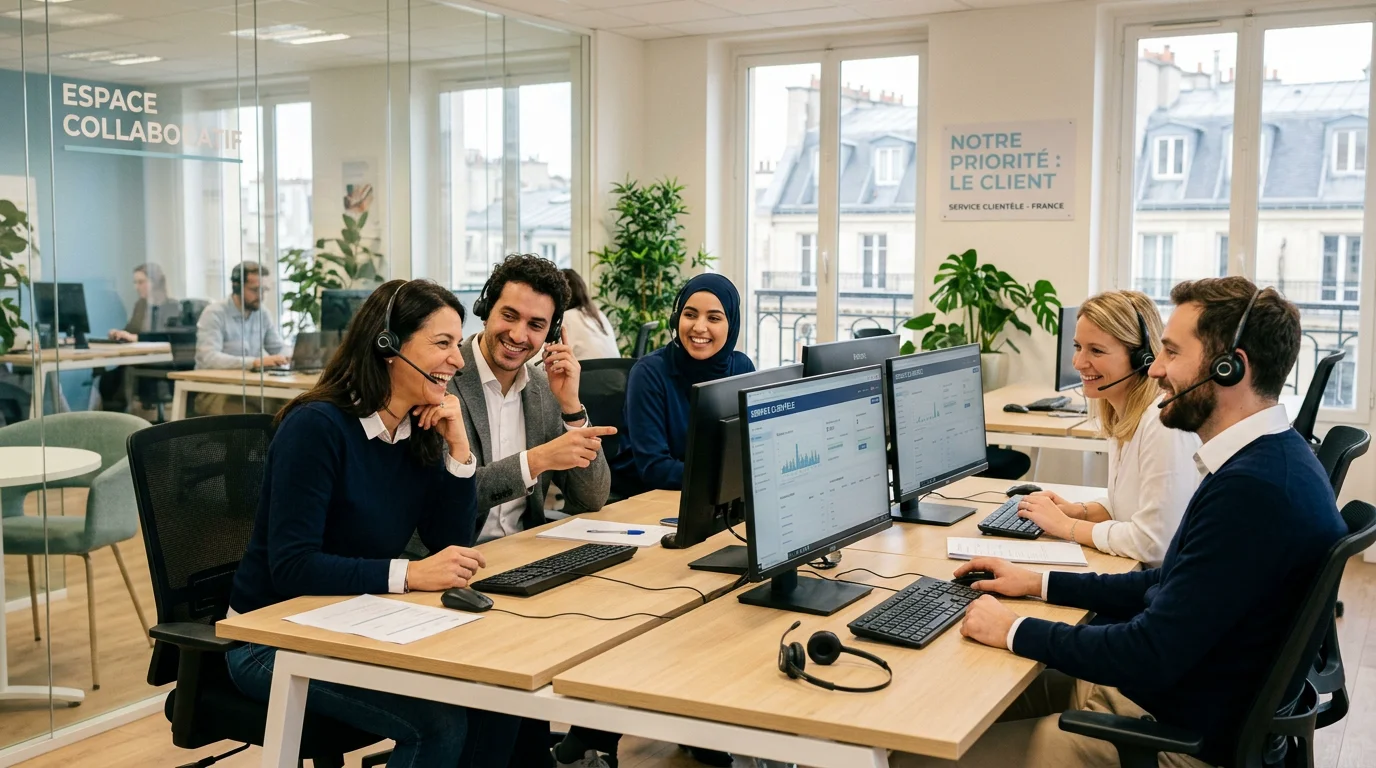 Équipe d'accueil téléphonique externalisé au travail dans un bureau lumineux