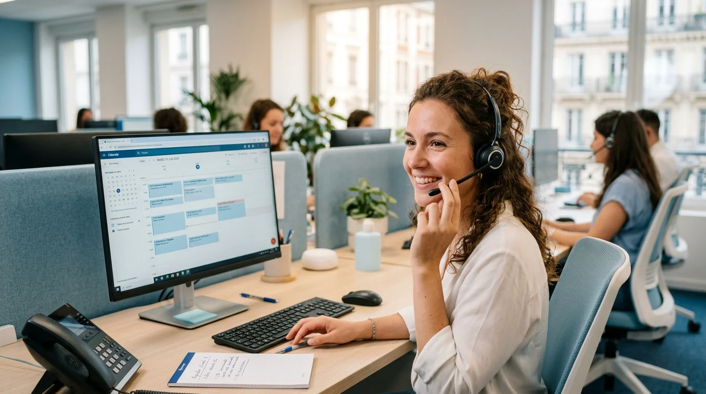 Téléopératrice avec casque assurant un accueil téléphonique externalisé