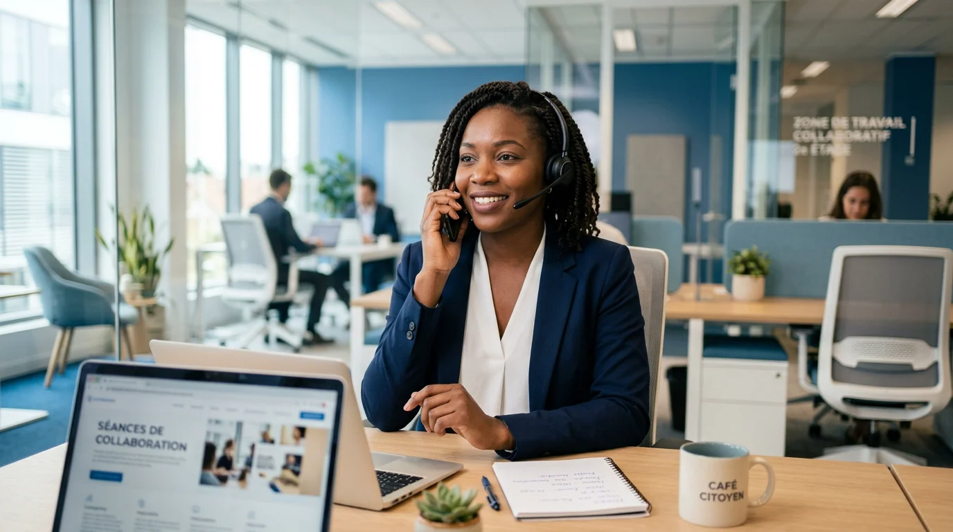 Professionnel utilisant une plateforme téléphonique externe dans un bureau moderne