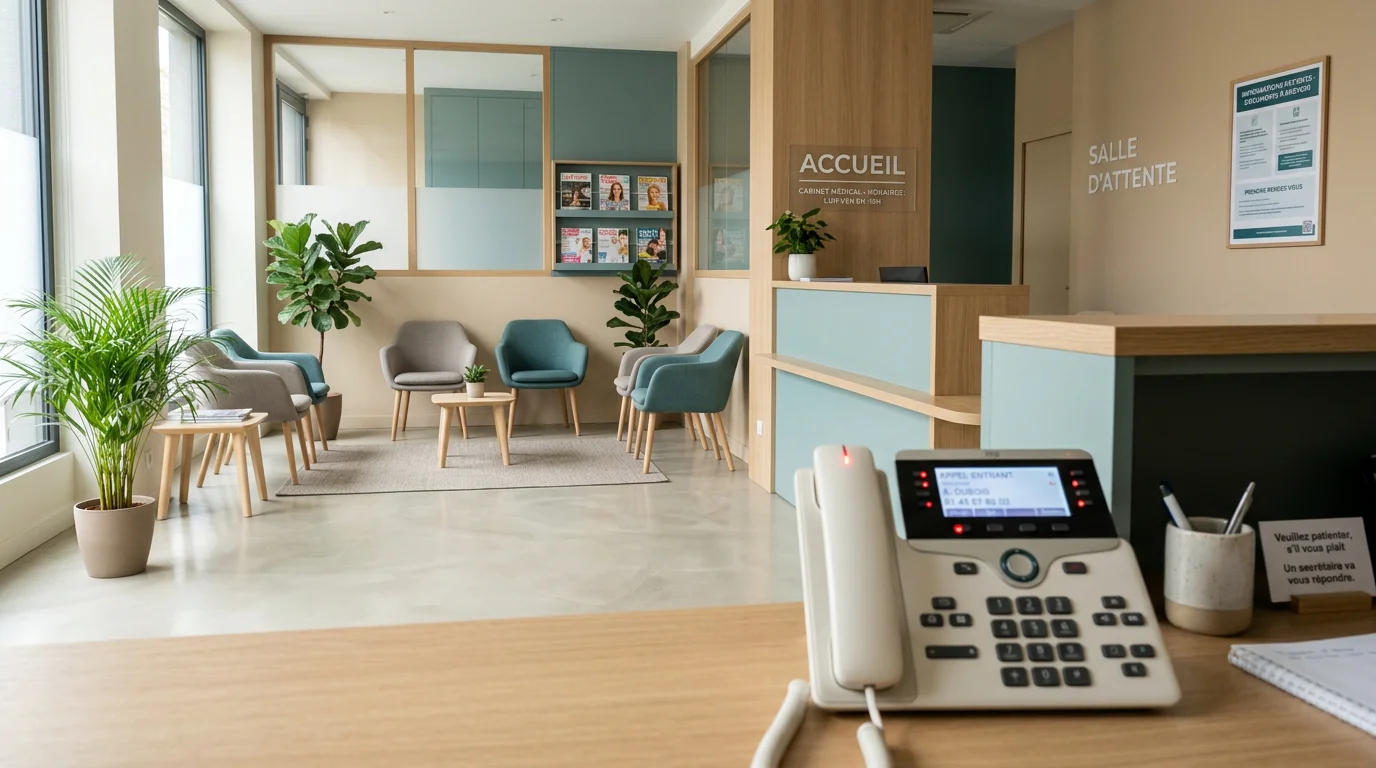 Téléphone d'accueil d'un cabinet médical dans une salle d'attente calme