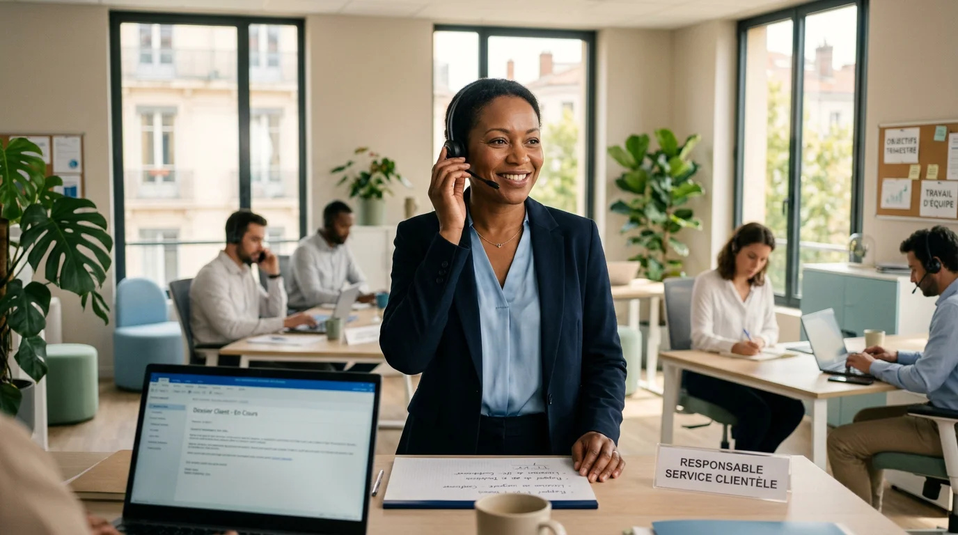 Conseillère souriante d'un service client externalisé avec un casque au téléphone