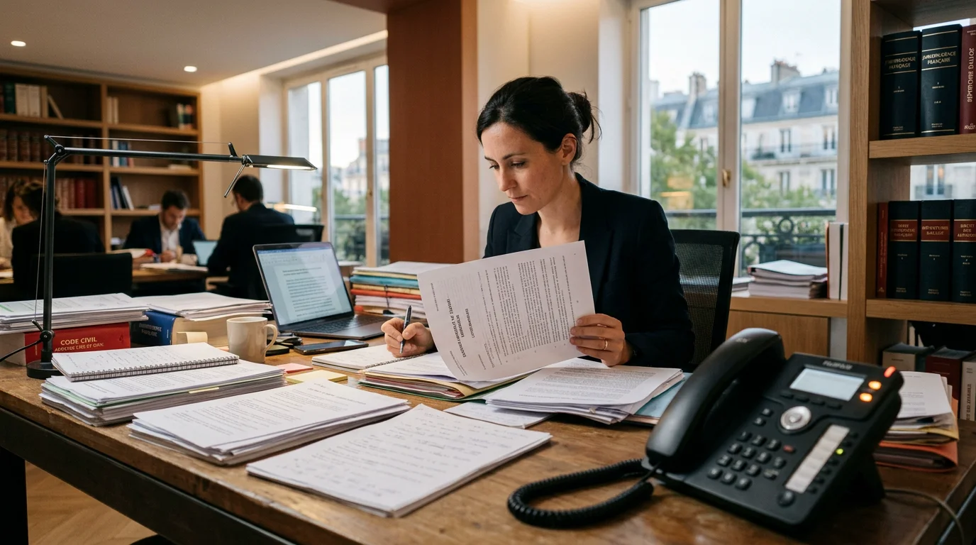 Avocat concentré sur ses dossiers pendant que le téléphone du cabinet sonne