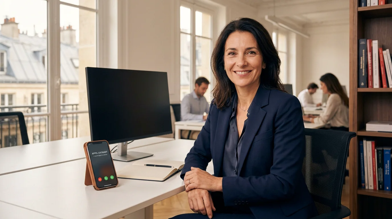 Professionnelle confiante dont les appels sont pris en charge par un service de réponse téléphonique