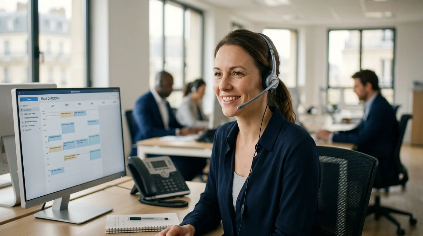 Téléopératrice professionnelle avec casque répondant aux appels d'une entreprise