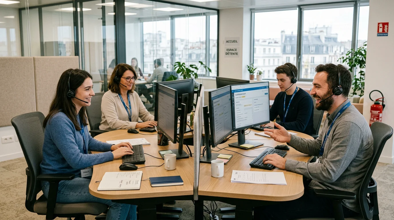 Équipe de téléopérateurs français travaillant dans un centre d'accueil téléphonique