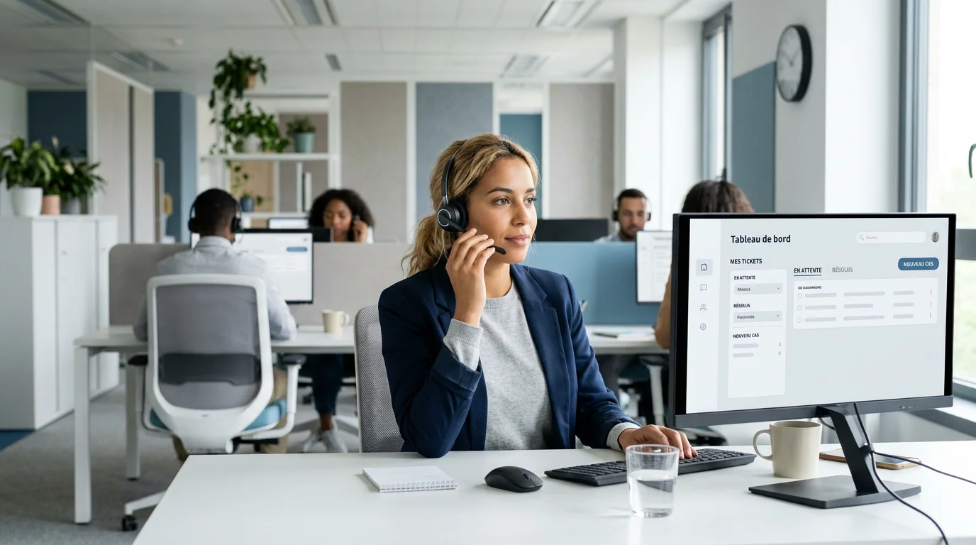 Téléopérateur d'un centre d'assistance helpdesk au téléphone dans un bureau lumineux