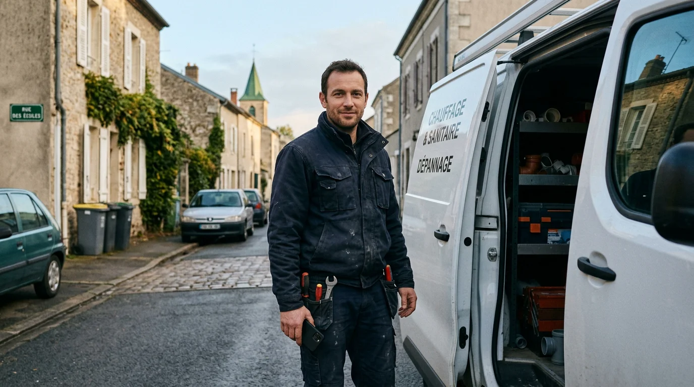 Chauffagiste professionnel devant son véhicule d'intervention, joignable pour ses clients