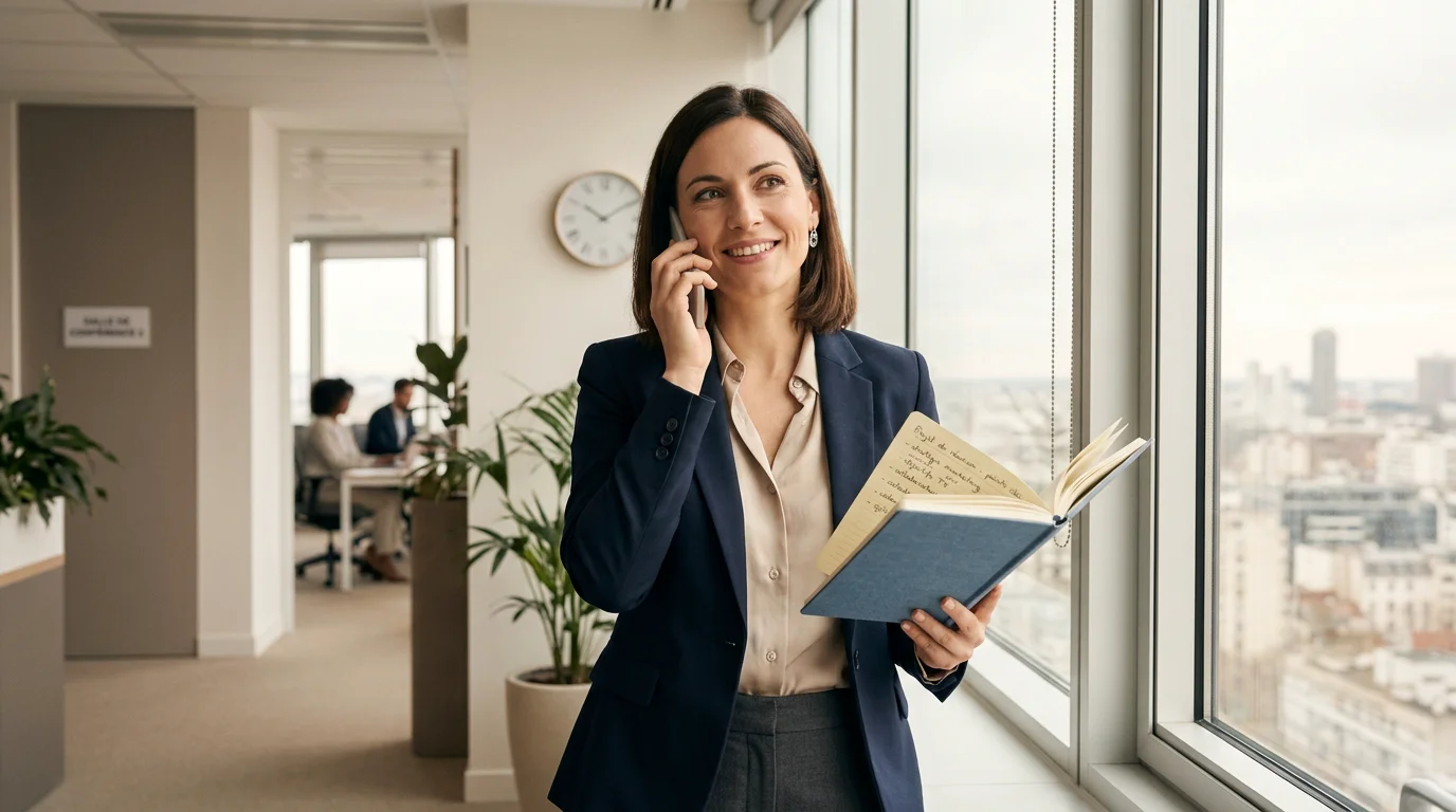 Un professionnel réussit un entretien téléphonique dans un bureau lumineux