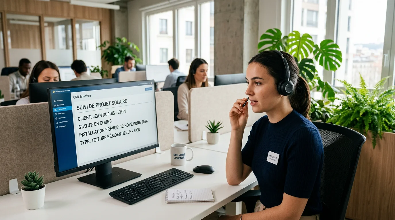 Téléconseiller répondant à un appel entrant pour une entreprise d'énergies renouvelables