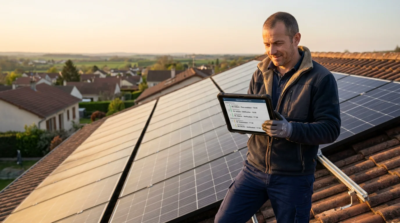 Installateur de panneaux solaires consultant son agenda de rendez-vous confirmés