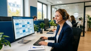 Opératrice gérant l'externalisation de la prise de rendez-vous au téléphone